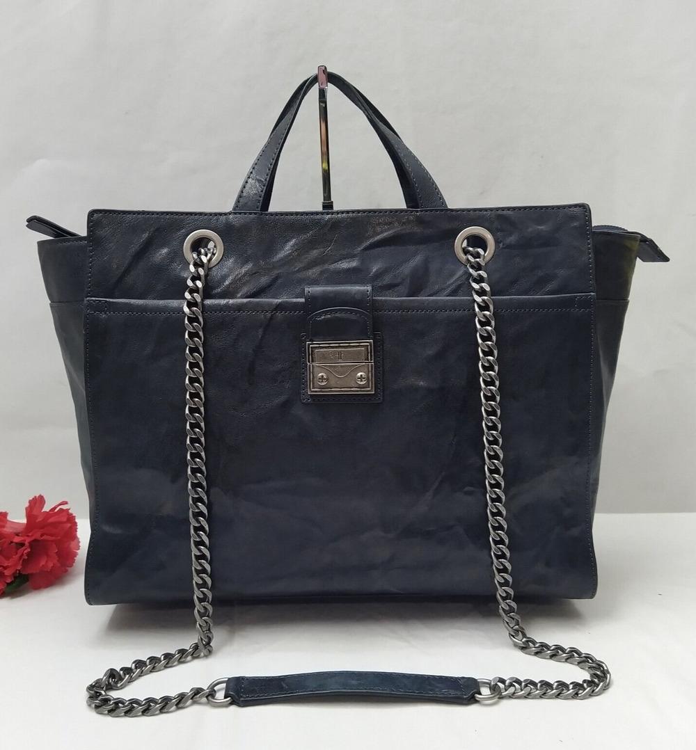 Frye Ella Tote Black Leather Double Handles Chain Strap Convertible Tote Bag
